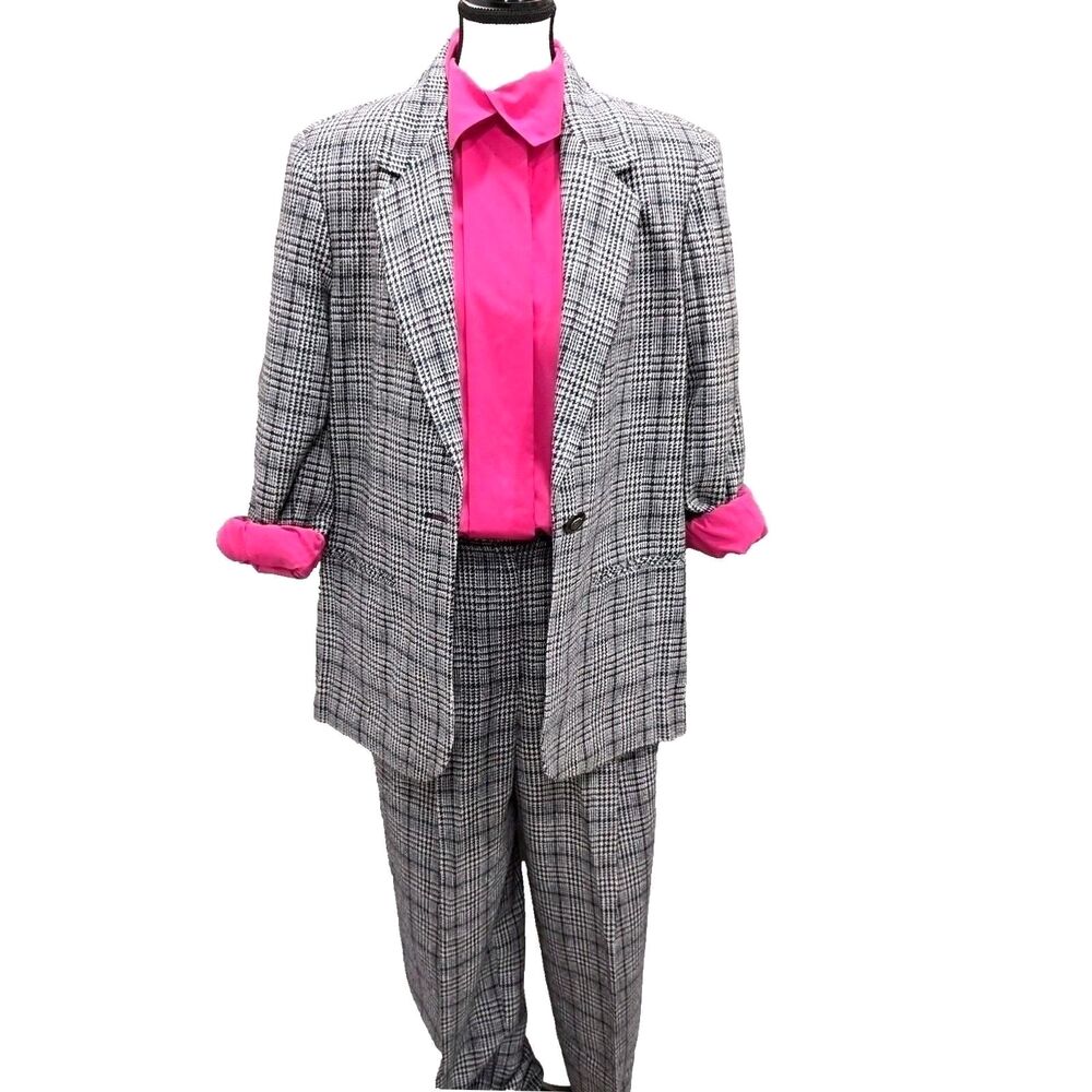 Vtg 80s Houndstooth Wool Suit Set Requirements Blazer Sz 8 Pants Sz10